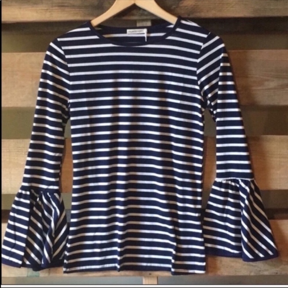 Navy and White Bell Sleeve Blouse - Picture 2 of 2